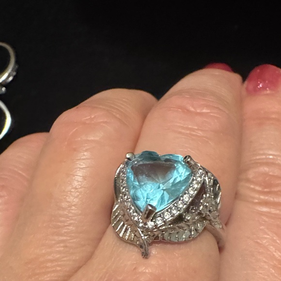 Vintage Blue Stone Heart with Leaves Wrap around Design Silver Ring - Picture 7 of 14